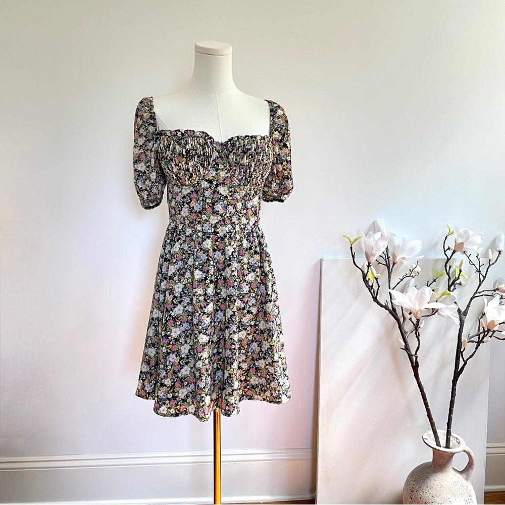 Storia Dark Floral Corset Mini Dress M Puff Sleeve Cottagecore Romantic Coquette